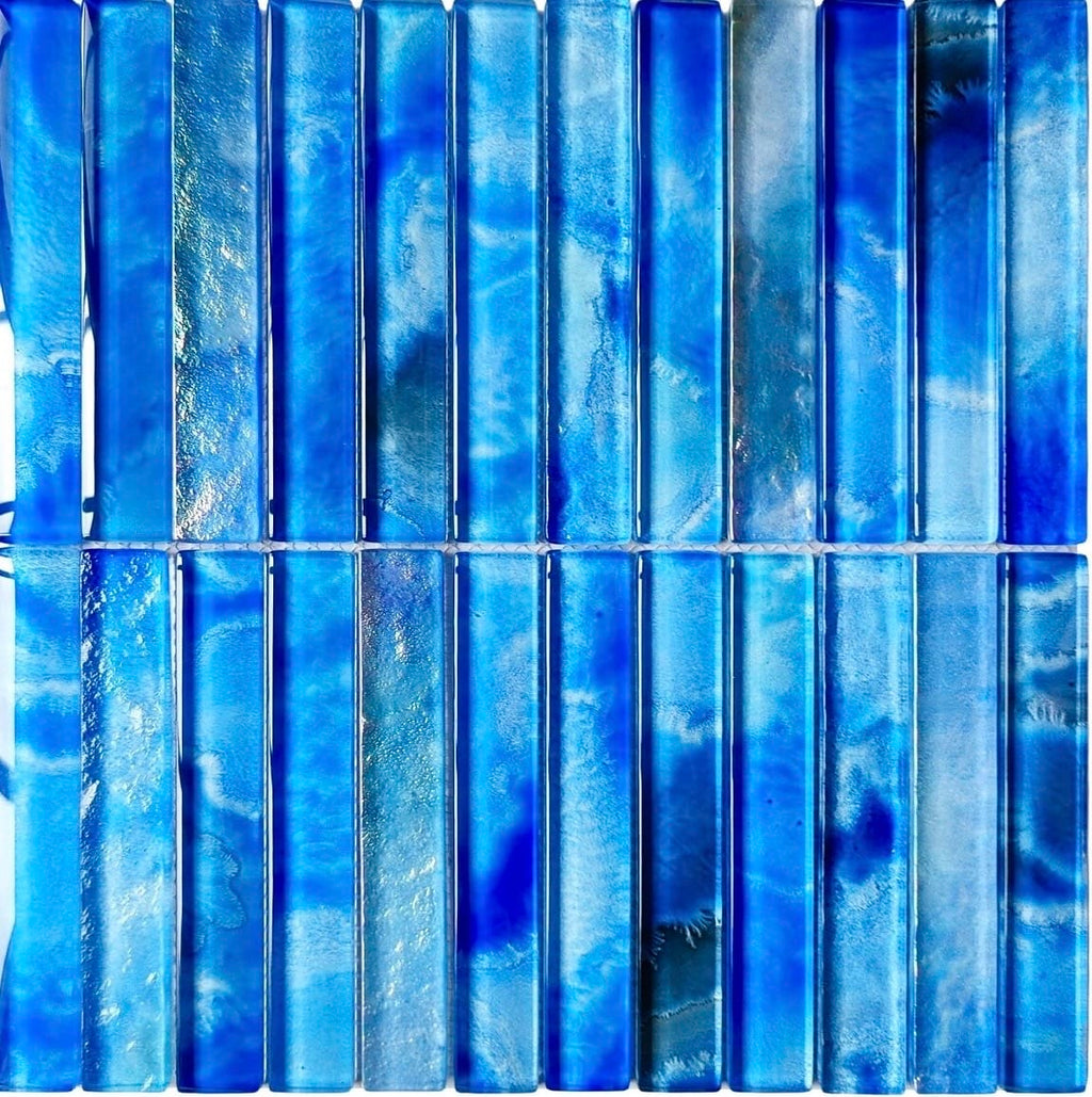 Santorini Blue Stacked 1x6 glass mosaic pool tile - view 2