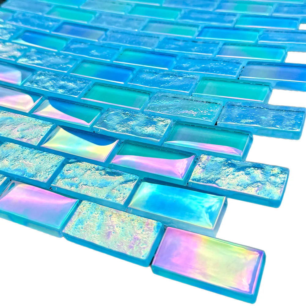 Neptune Aqua Iridescent Glass Tile 1"x2"