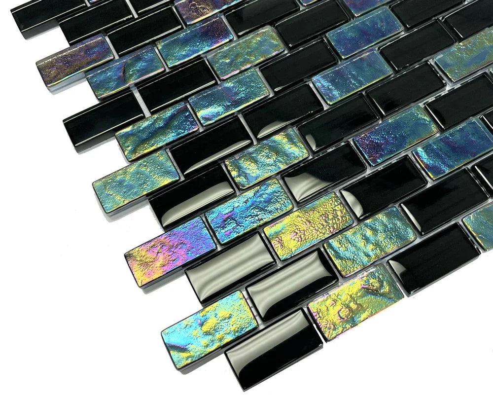 Neptune Black Iridescent Glass Tile 1"x2"