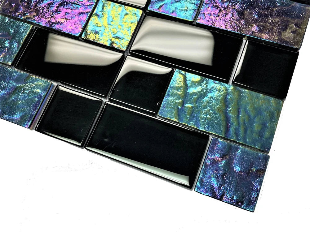 Neptune Black Iridescent Glass Tile 2"x4"