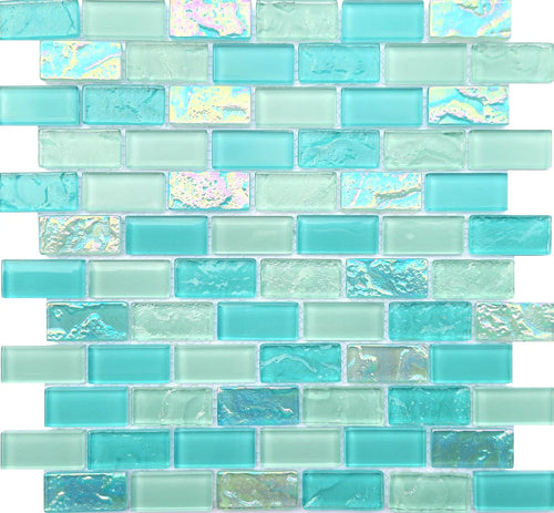 Bahamas Aquamarine Iridescent Glass Tile 1"x2" - product color, finish and surface detail
