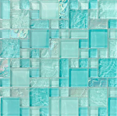 Bahamas Aquamarine Mixed Iridescent Glass Tile - product color, finish and surface detail