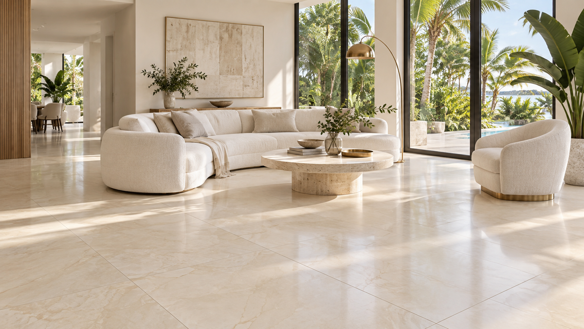 Inspirational bright living room with ivory porcelain flooring