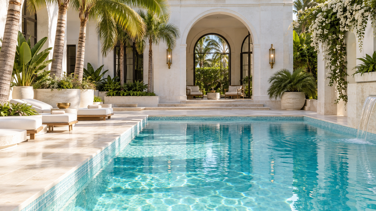 Inspirational turquoise pool courtyard with white architecture